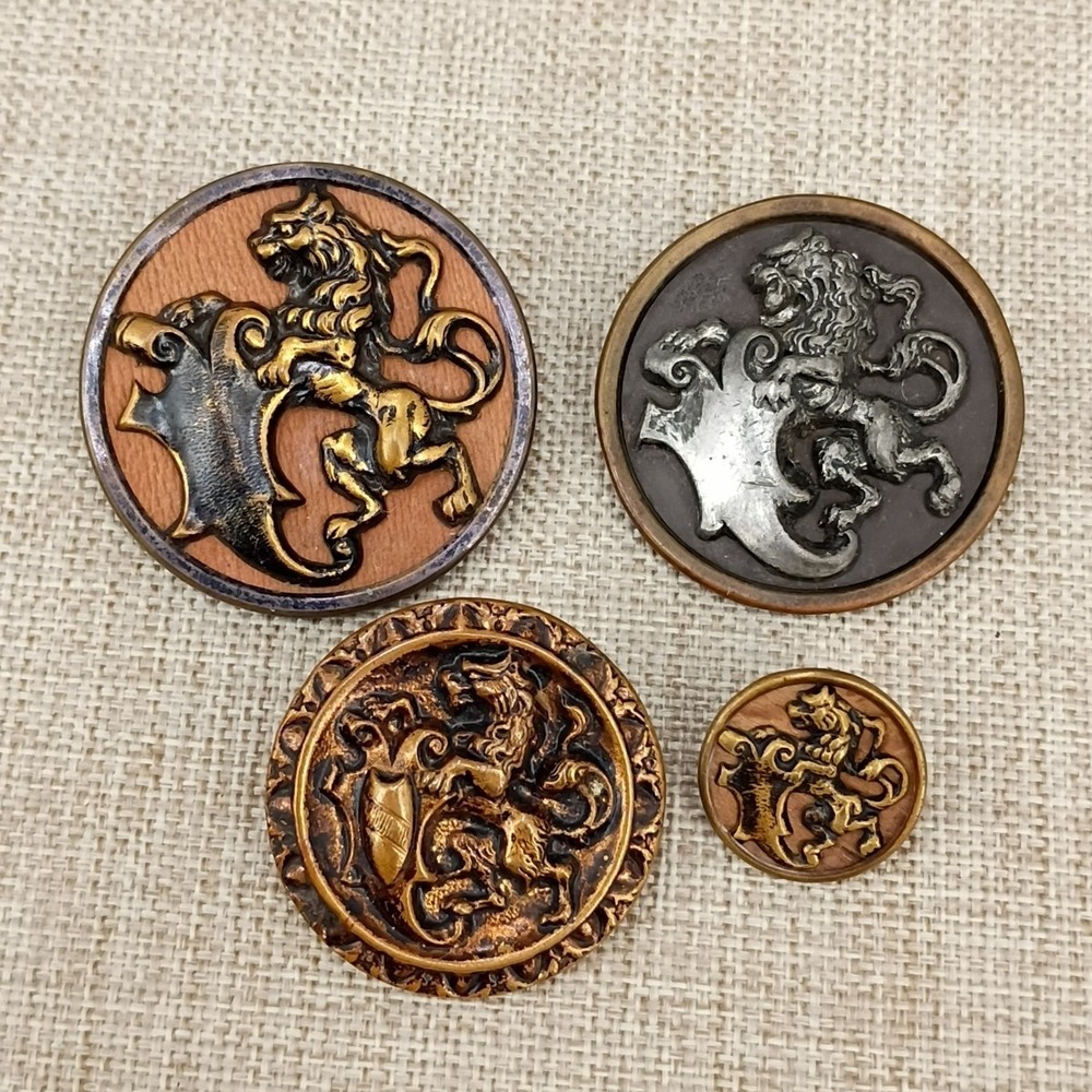 Antique Heraldic Rampart Lion Griffin Buttons Brass 38-17mm Vintage Silver Tone